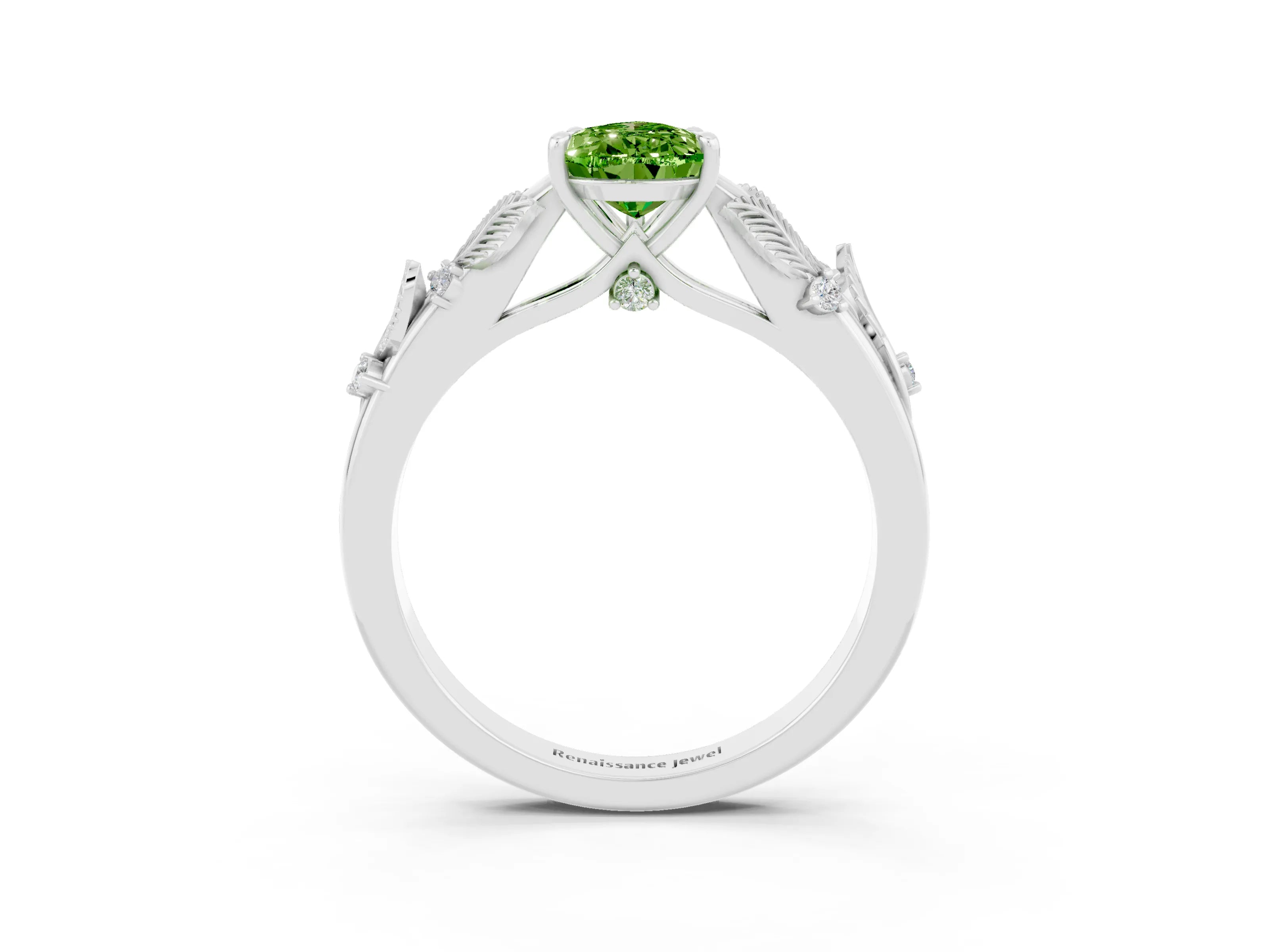 White gold Pear Cut Peridot Solitaire Ring with Leaf Motif Band and Four-Prong Setting_15