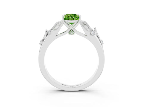 White gold Pear Cut Peridot Solitaire Ring with Leaf Motif Band and Four-Prong Setting_15