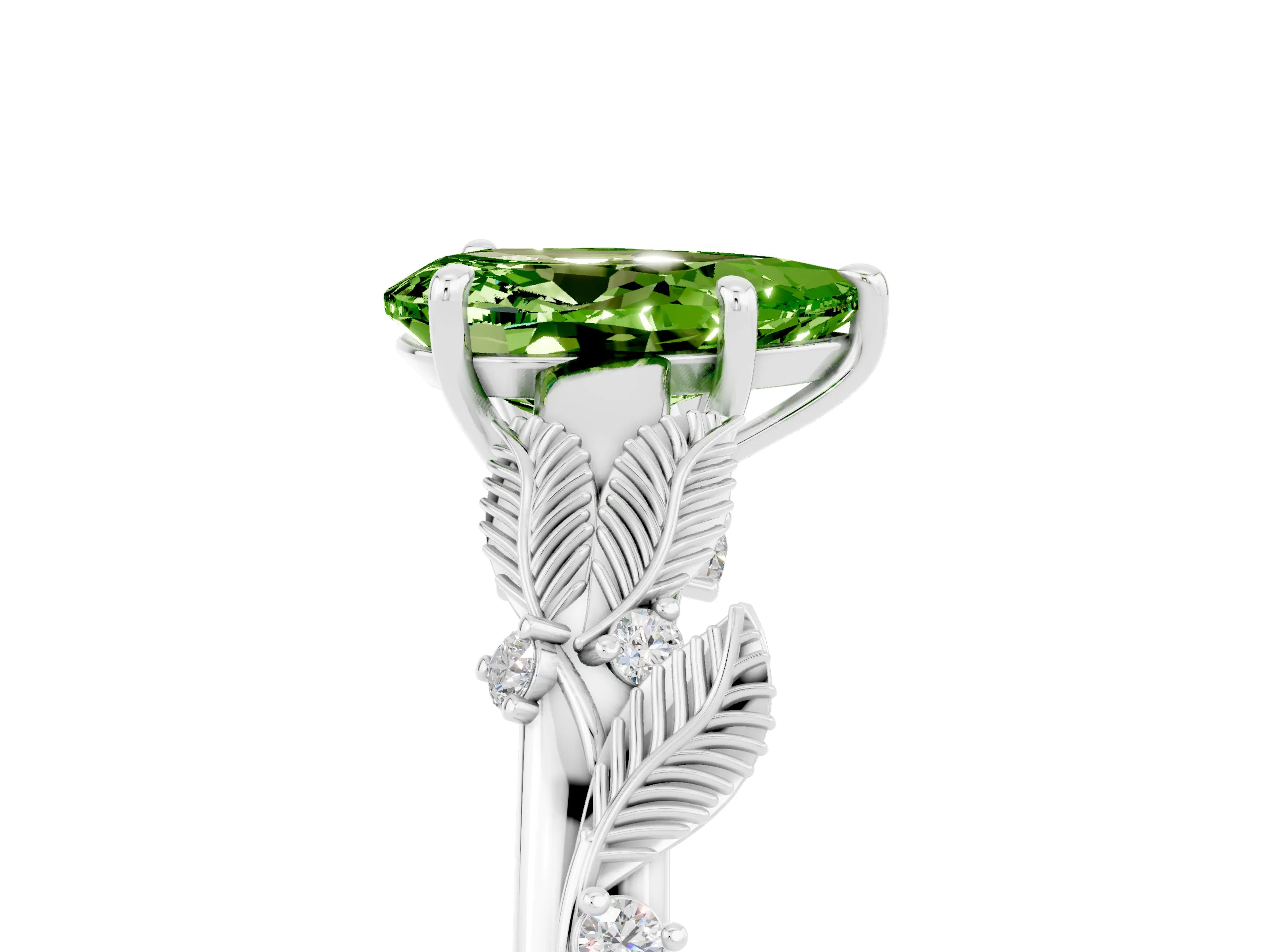 White gold Pear Cut Peridot Solitaire Ring with Leaf Motif Band and Four-Prong Setting_17