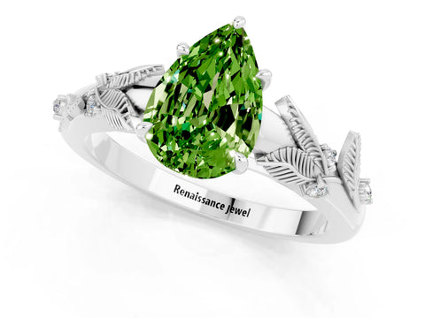 White gold Pear Cut Peridot Solitaire Ring with Leaf Motif Band and Four-Prong Setting_1