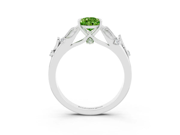 Silver Pear Cut Peridot Solitaire Ring with Leaf Motif Band and Four-Prong Setting