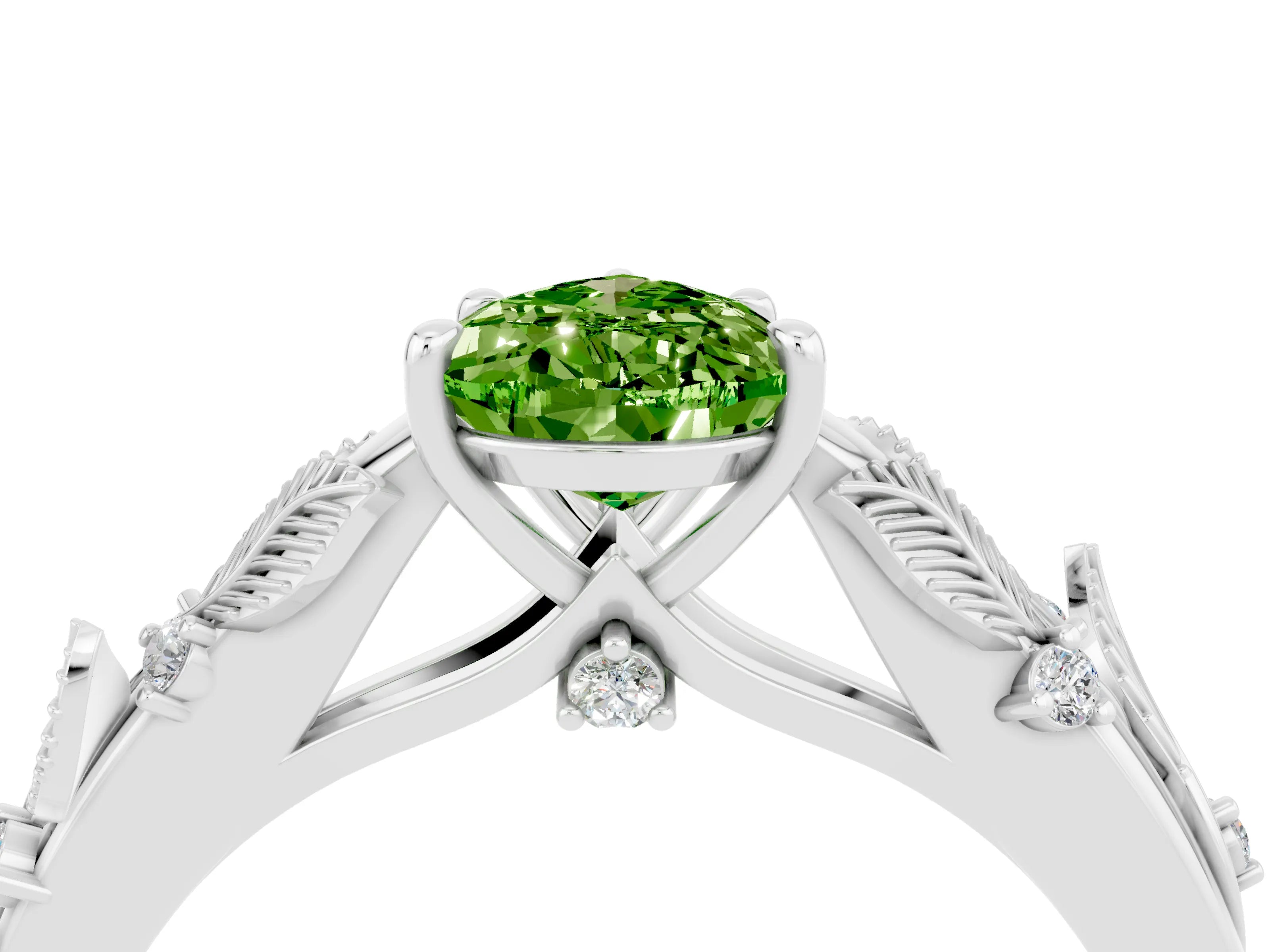 White gold Pear Cut Peridot Solitaire Ring with Leaf Motif Band and Four-Prong Setting_4