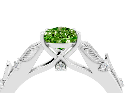 White gold Pear Cut Peridot Solitaire Ring with Leaf Motif Band and Four-Prong Setting_4