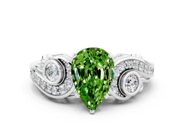 Platinum Pear Cut Peridot Solitaire Ring with Milgrain Pavé Band and Four-Prong Setting