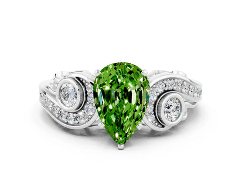 White gold Pear Cut Peridot Solitaire Ring with Milgrain Pavé Band and Four-Prong Setting_12