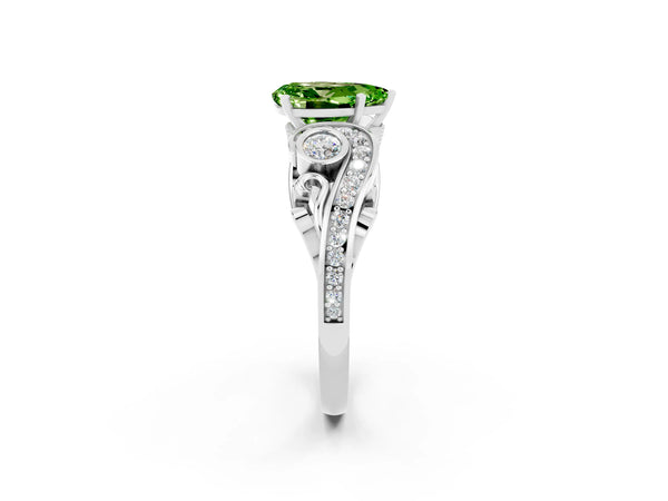 Silver Pear Cut Peridot Solitaire Ring with Milgrain Pavé Band and Four-Prong Setting