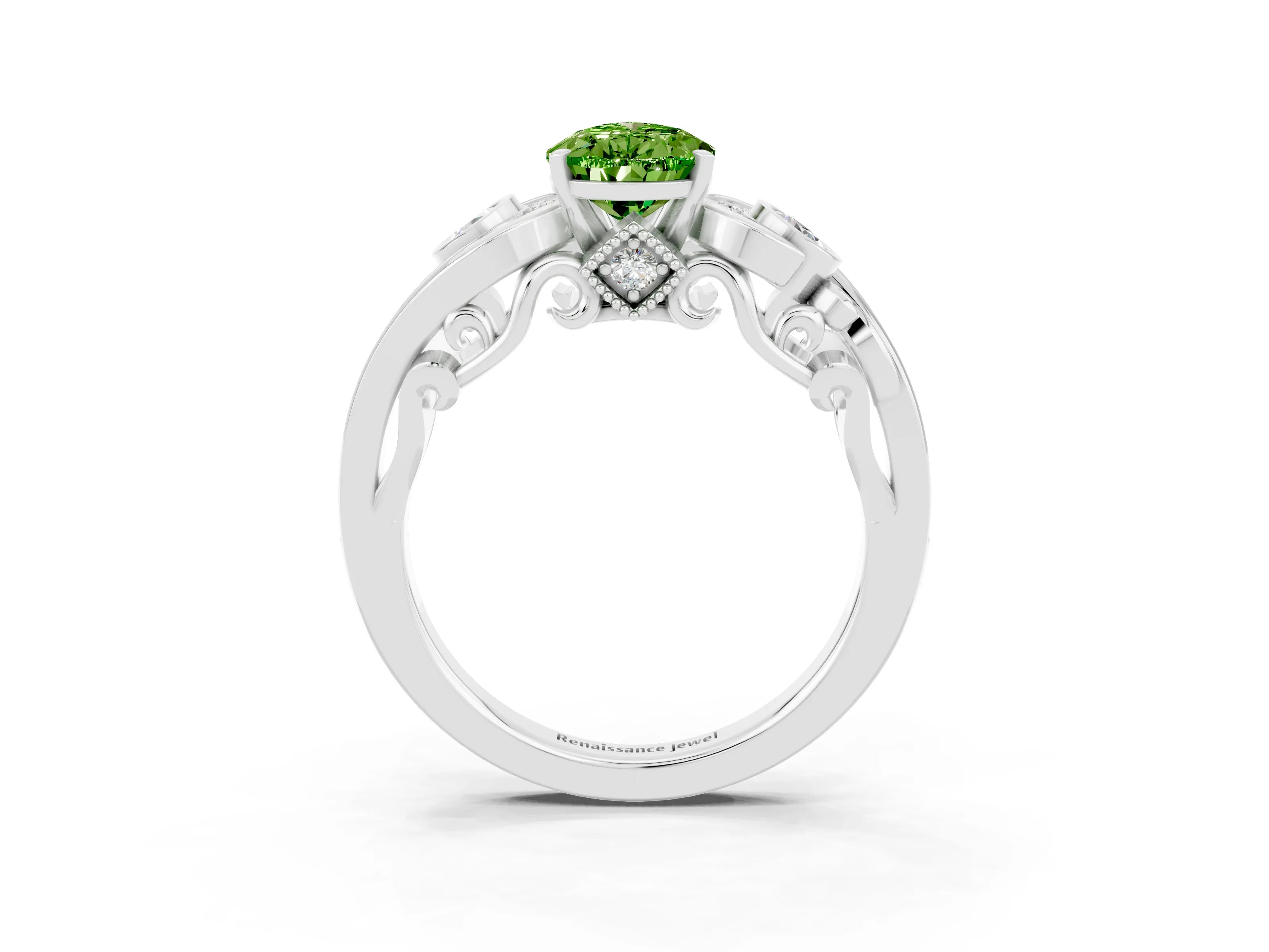White gold Pear Cut Peridot Solitaire Ring with Milgrain Pavé Band and Four-Prong Setting_15