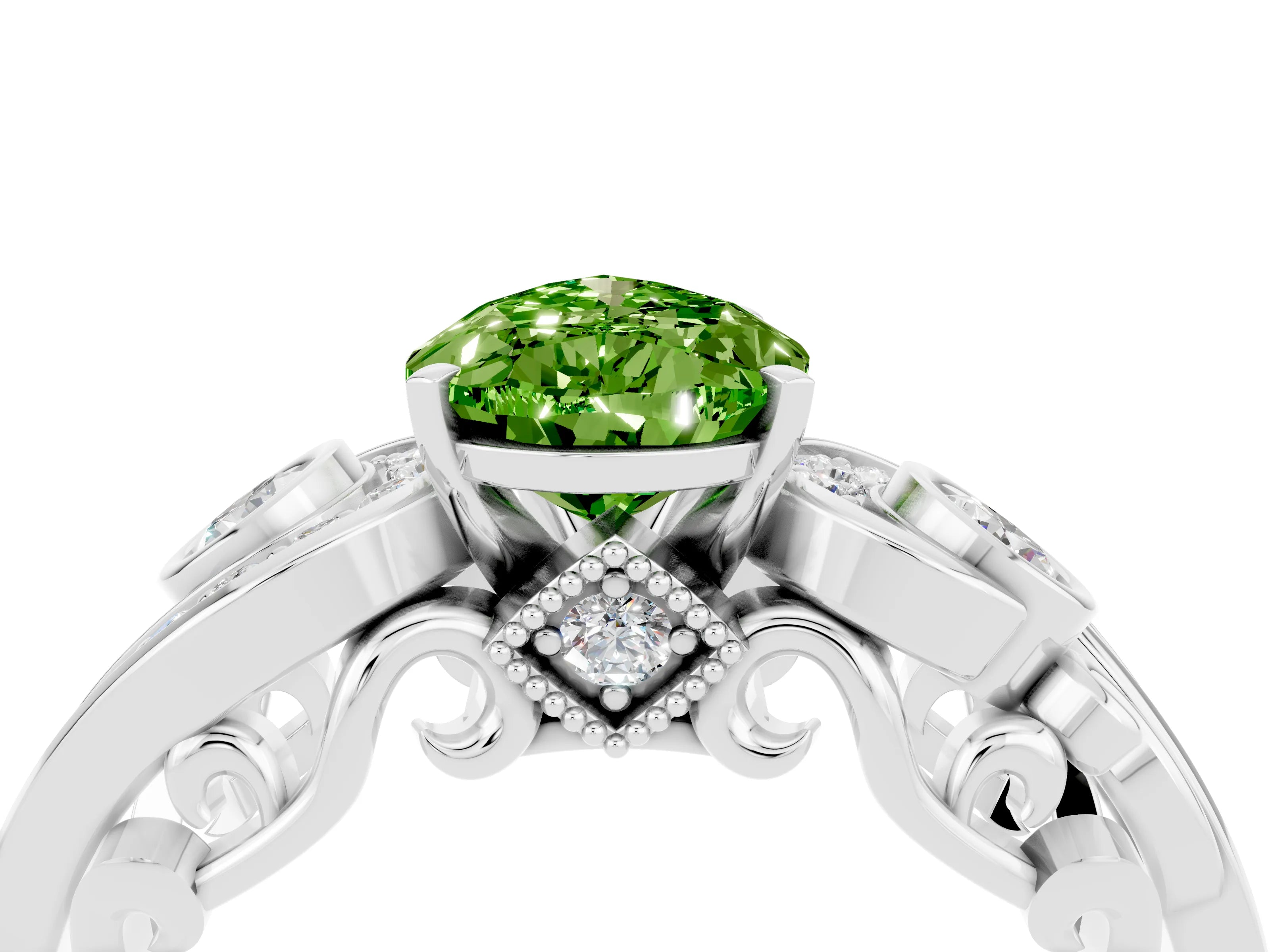 White gold Pear Cut Peridot Solitaire Ring with Milgrain Pavé Band and Four-Prong Setting_16