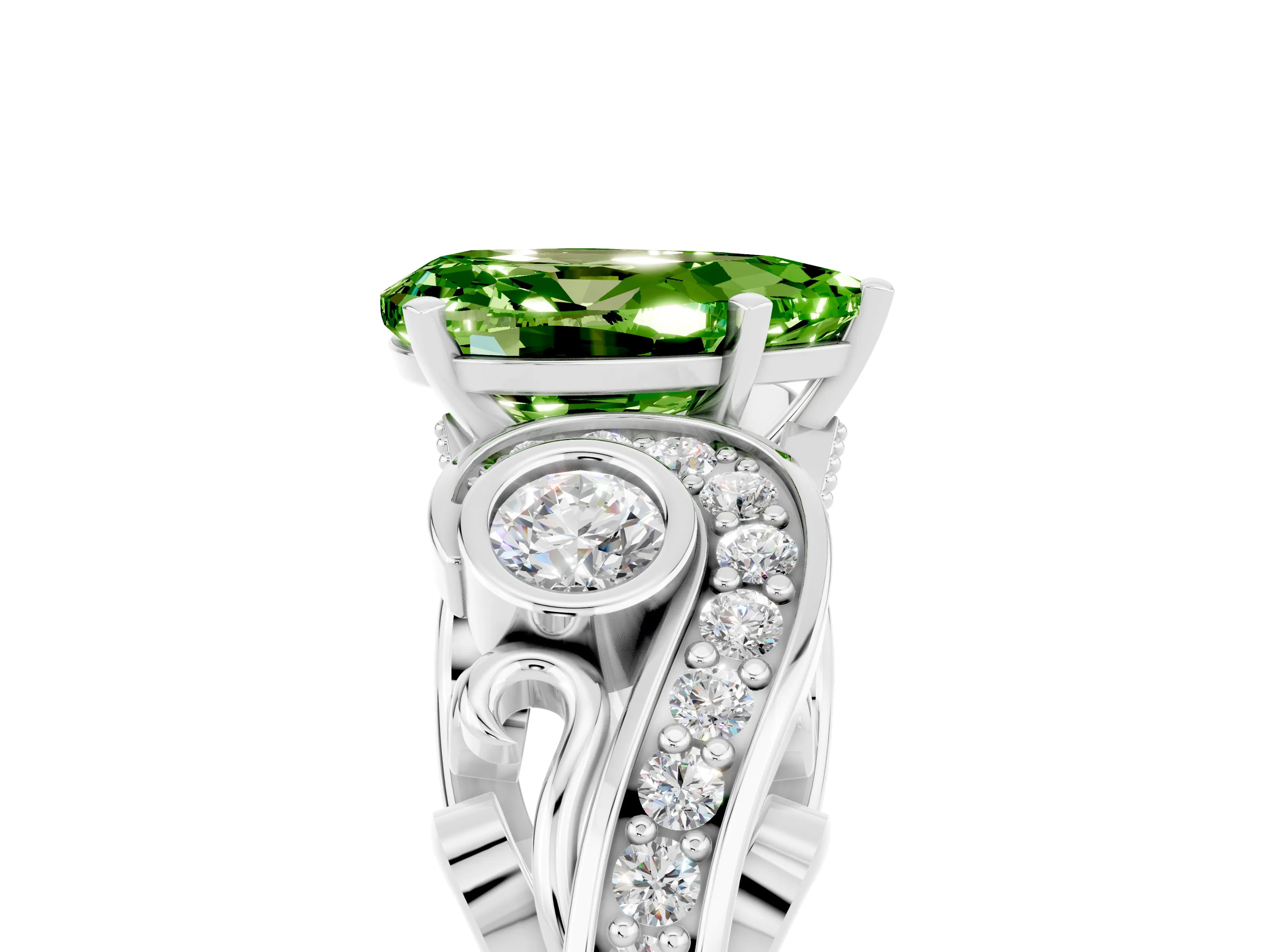 White gold Pear Cut Peridot Solitaire Ring with Milgrain Pavé Band and Four-Prong Setting_17