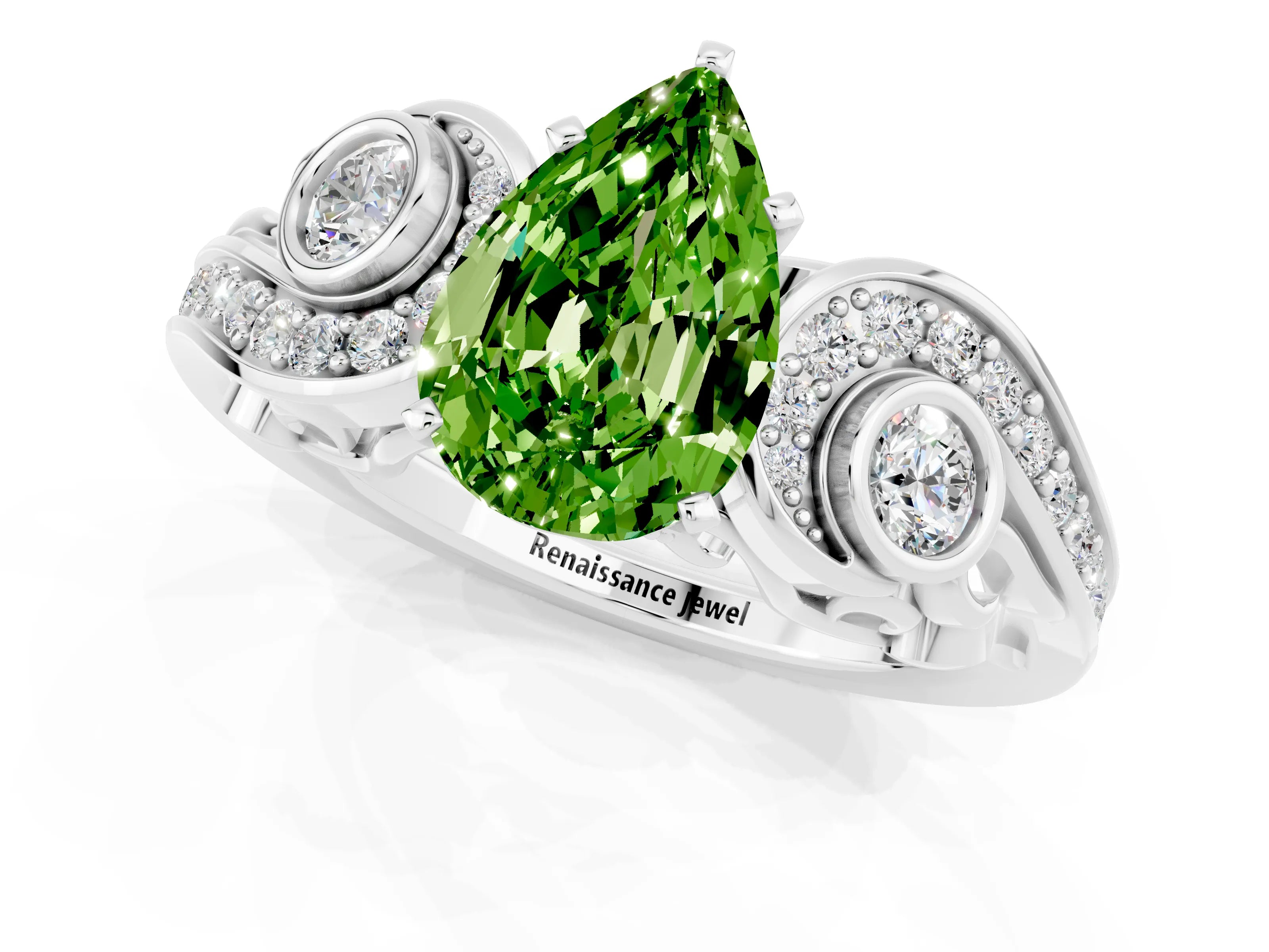 White gold Pear Cut Peridot Solitaire Ring with Milgrain Pavé Band and Four-Prong Setting_49