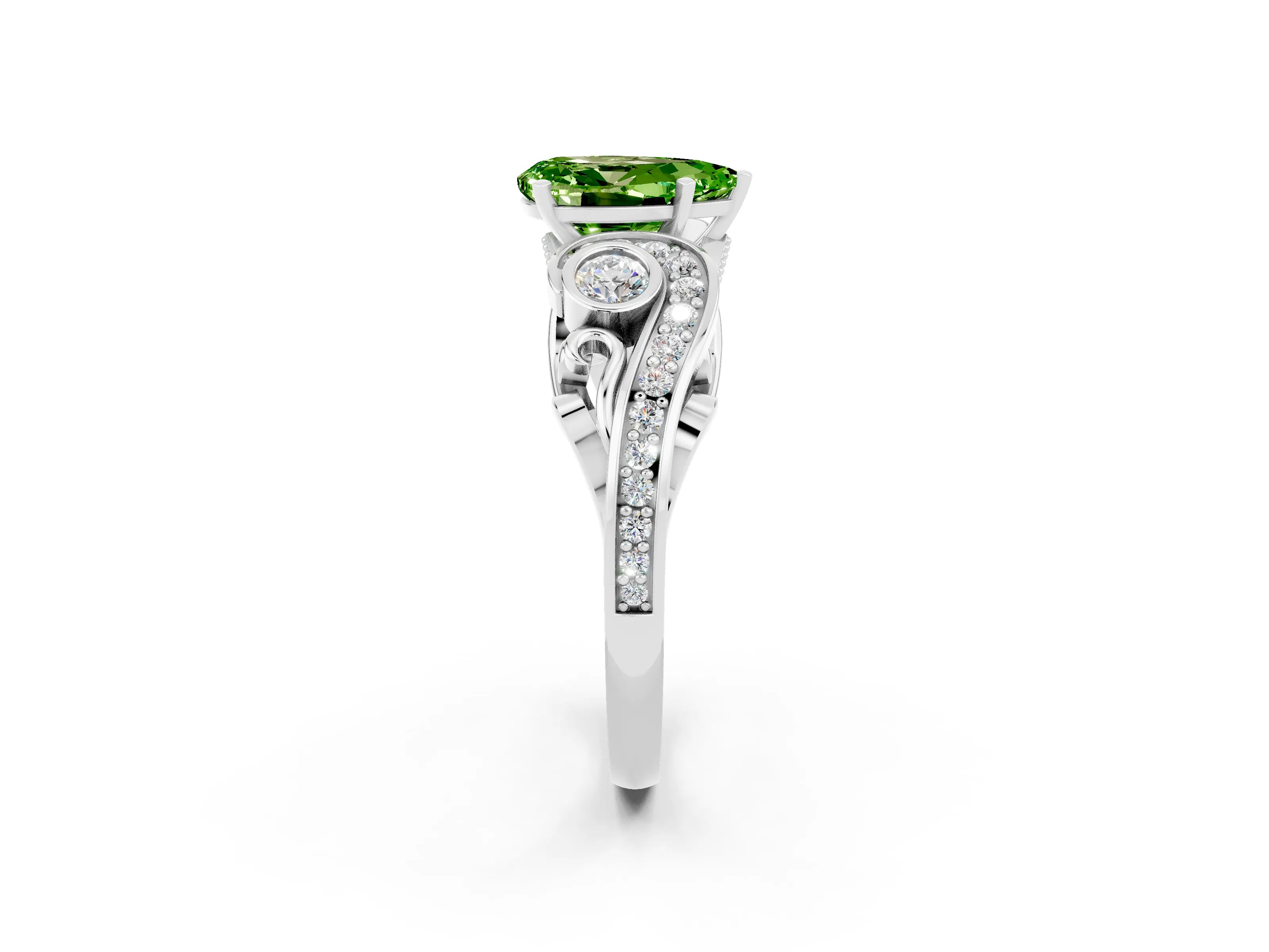 White gold Pear Cut Peridot Solitaire Ring with Milgrain Pavé Band and Four-Prong Setting_50