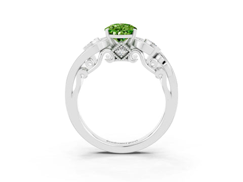 White gold Pear Cut Peridot Solitaire Ring with Milgrain Pavé Band and Four-Prong Setting_51
