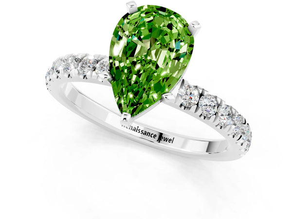 Platinum Pear Cut Peridot Solitaire Ring with Pavé Accents and Four-Prong Setting
