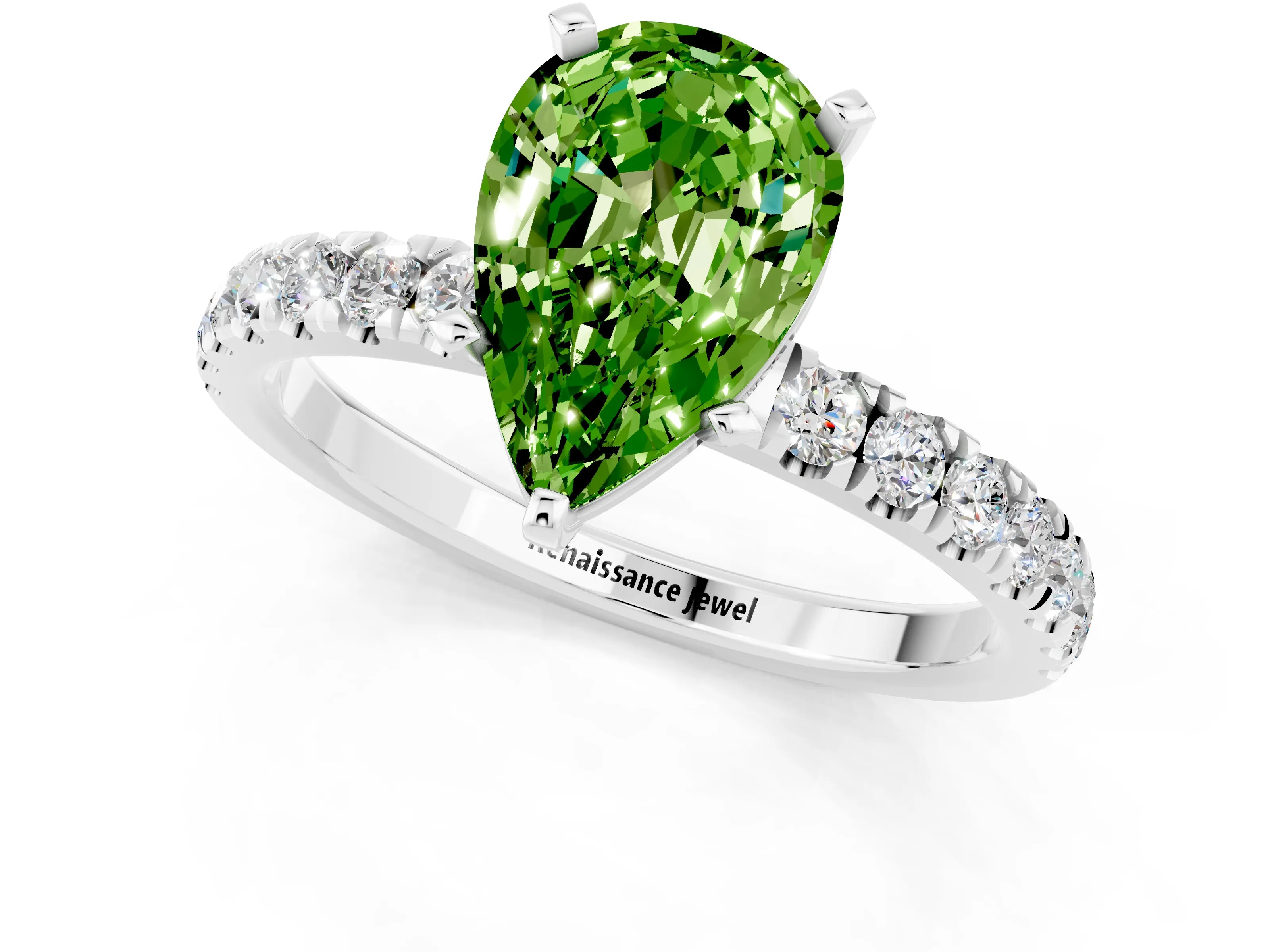 White gold Pear Cut Peridot Solitaire Ring with Pavé Accents and Four-Prong Setting_1