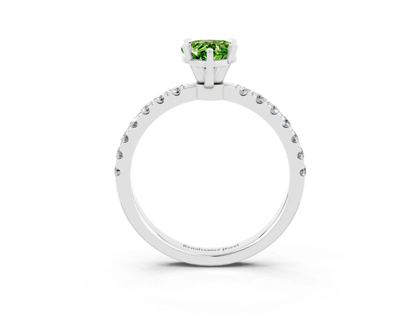 Silver Pear Cut Peridot Solitaire Ring with Pavé Accents and Four-Prong Setting