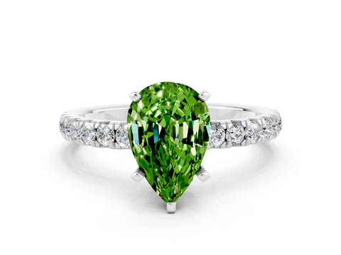 White gold Pear Cut Peridot Solitaire Ring with Pavé Accents and Four-Prong Setting