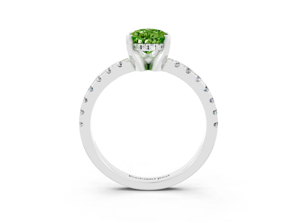 White gold Pear Cut Peridot Solitaire Ring with Round  Pavé Band and Four-Prong Setting