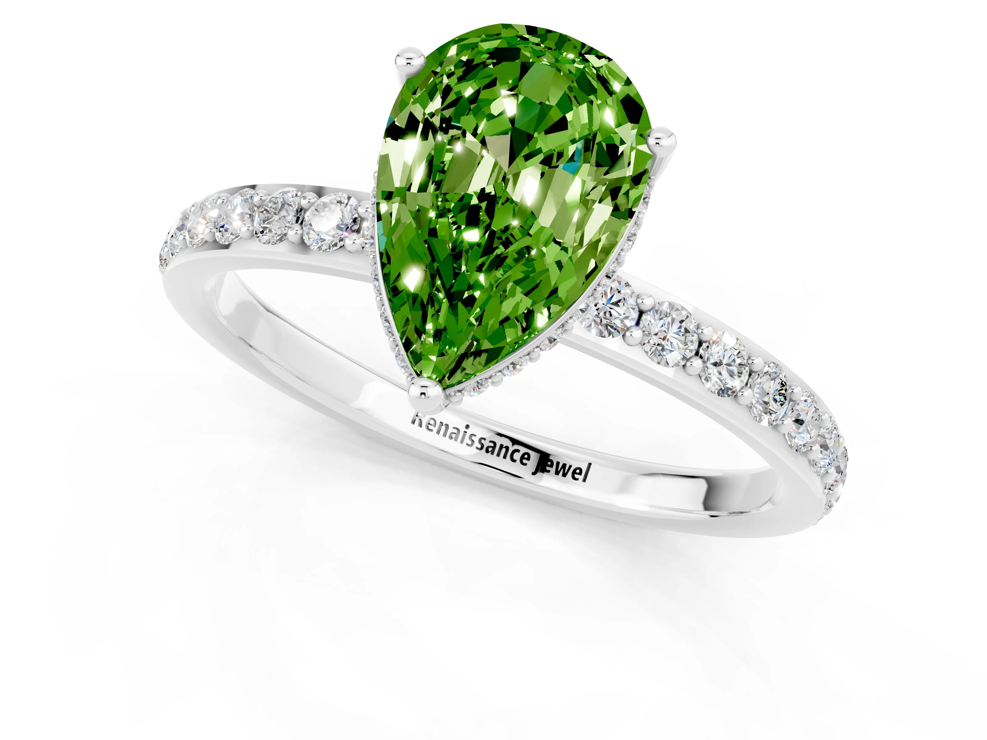 White gold Pear Cut Peridot Solitaire Ring with Pavé Band and Hidden Halo_1