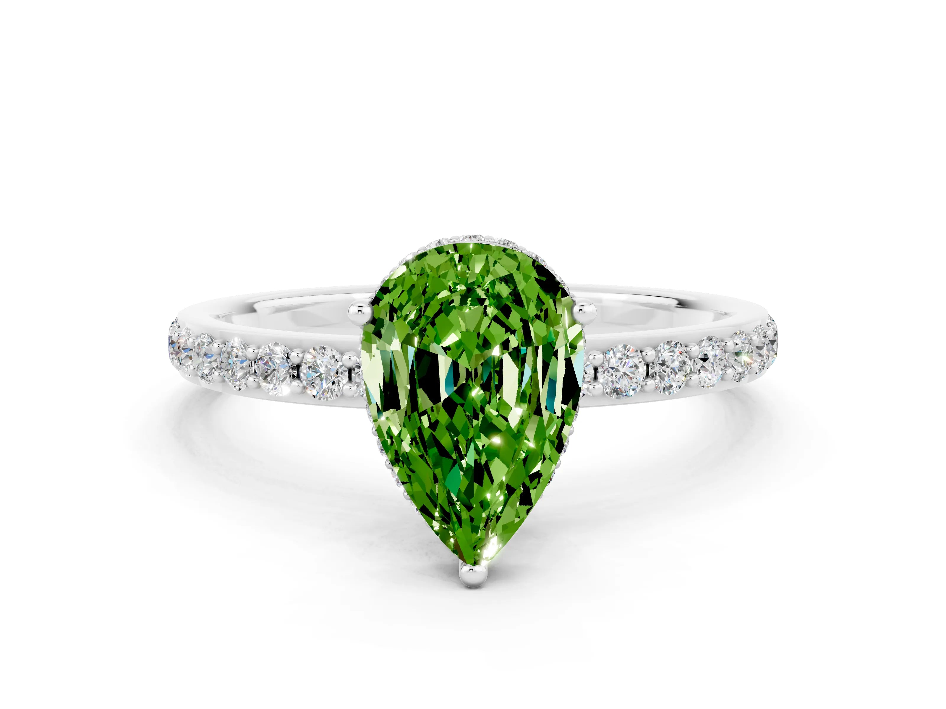White gold Pear Cut Peridot Solitaire Ring with Pavé Band and Hidden Halo_24