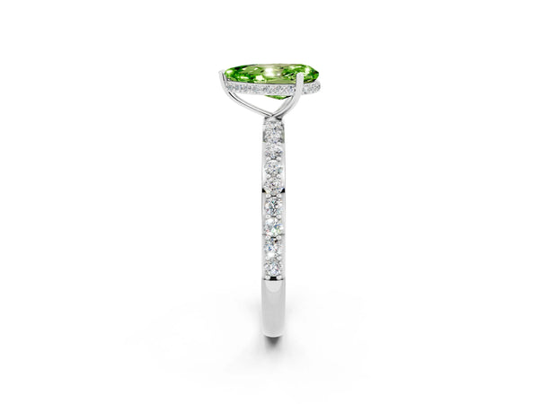 White gold Pear Cut Peridot Solitaire Ring with Pavé Band and Hidden Halo