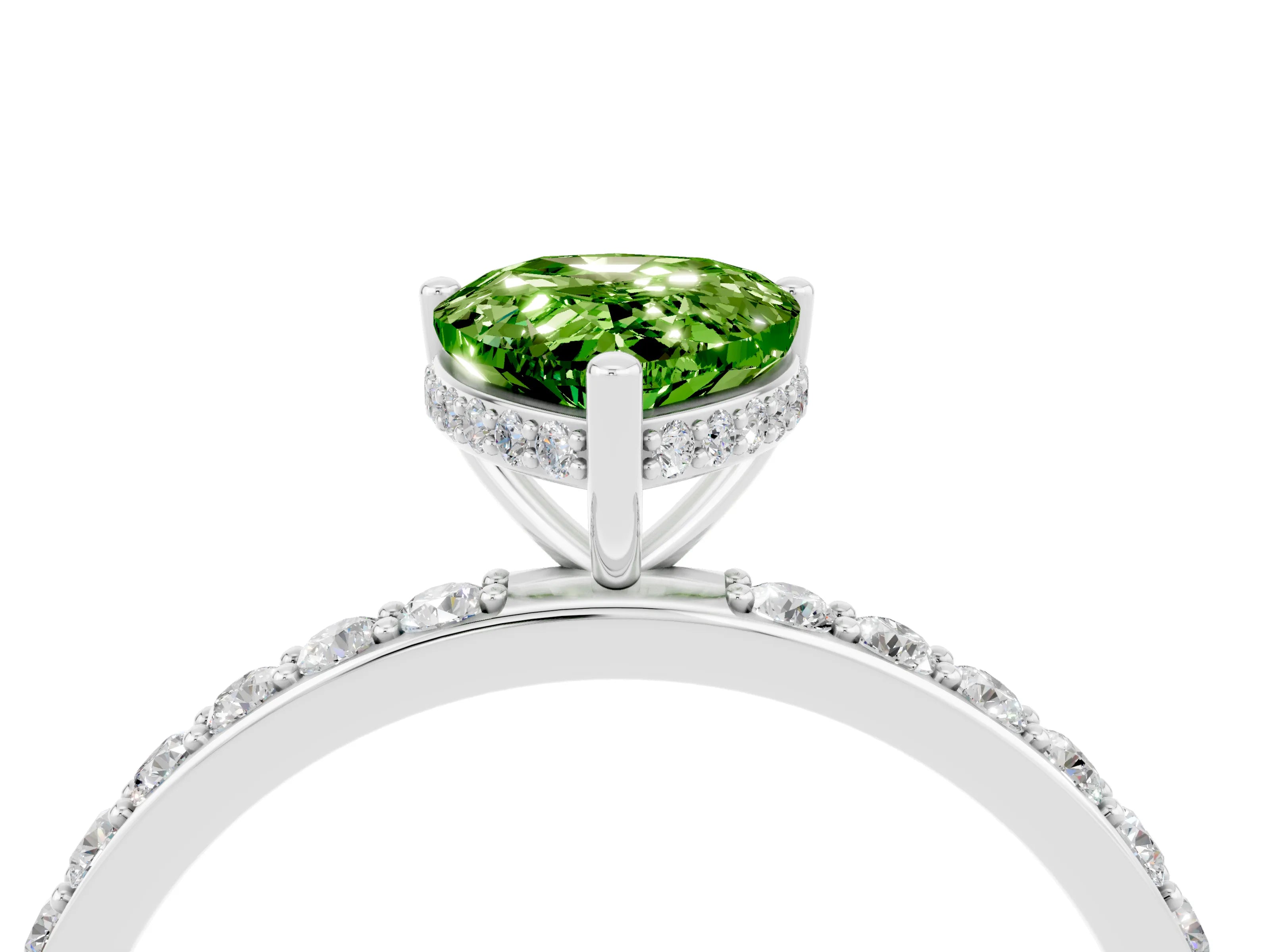 White gold Pear Cut Peridot Solitaire Ring with Pavé Band and Hidden Halo_28