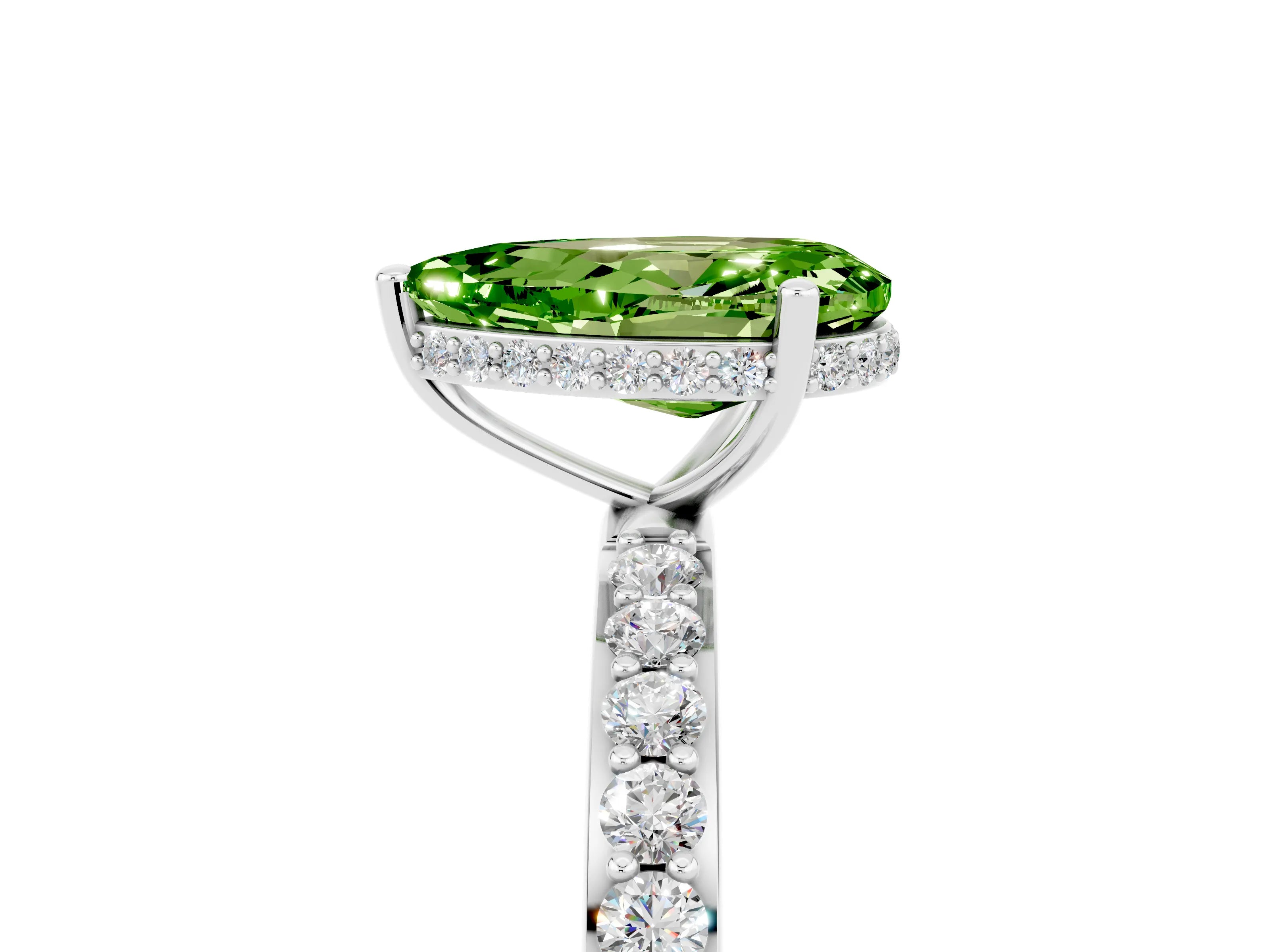 White gold Pear Cut Peridot Solitaire Ring with Pavé Band and Hidden Halo_29