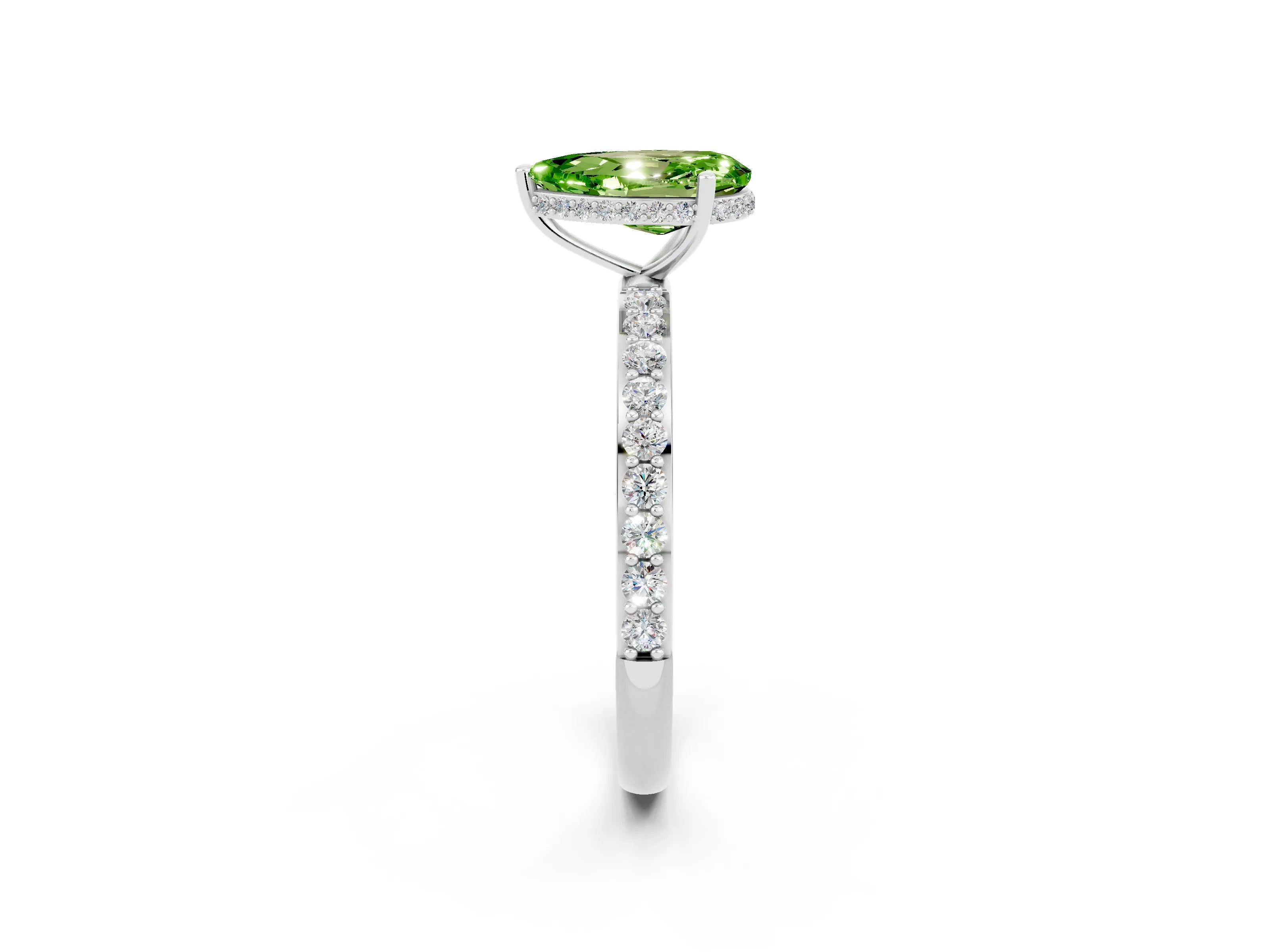 White gold Pear Cut Peridot Solitaire Ring with Pavé Band and Hidden Halo_2