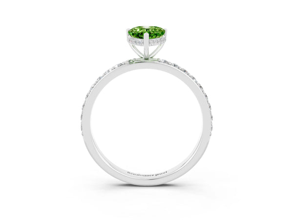 Silver Pear Cut Peridot Solitaire Ring with Pavé Band and Hidden Halo