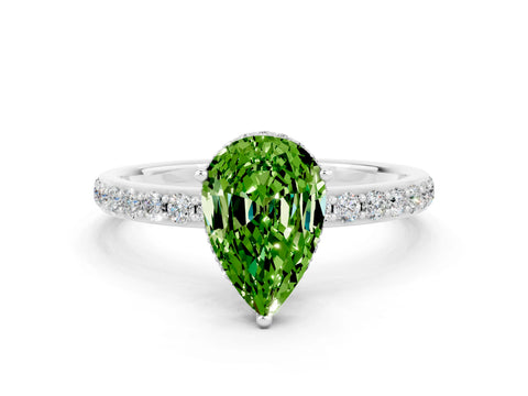 White gold Pear Cut Peridot Solitaire Ring with Pavé Band and Hidden Halo