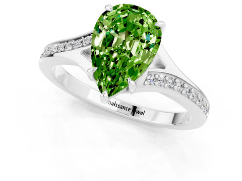 White gold Pear Cut Peridot Solitaire Ring with Pavé Band and Prong Setting_1