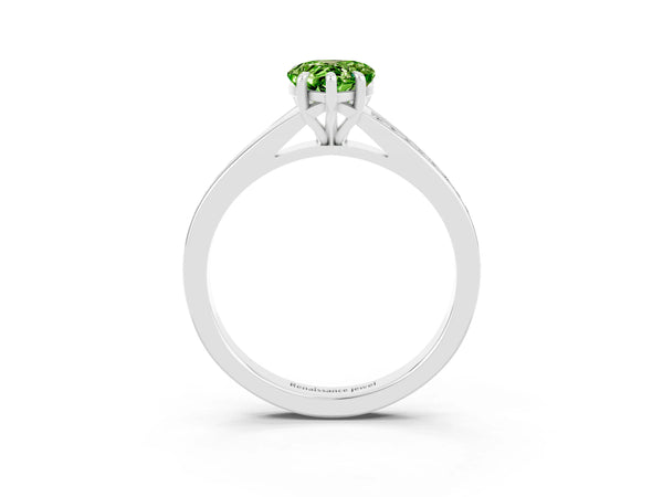 Platinum Pear Cut Peridot Solitaire Ring with Pavé Band and Prong Setting