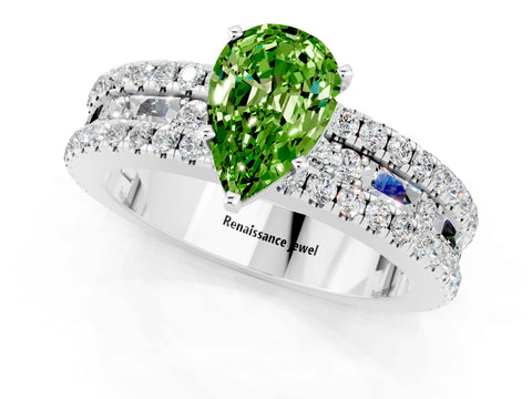 White gold Pear Cut Peridot Solitaire Ring with Pavé and Channel Set Band_1