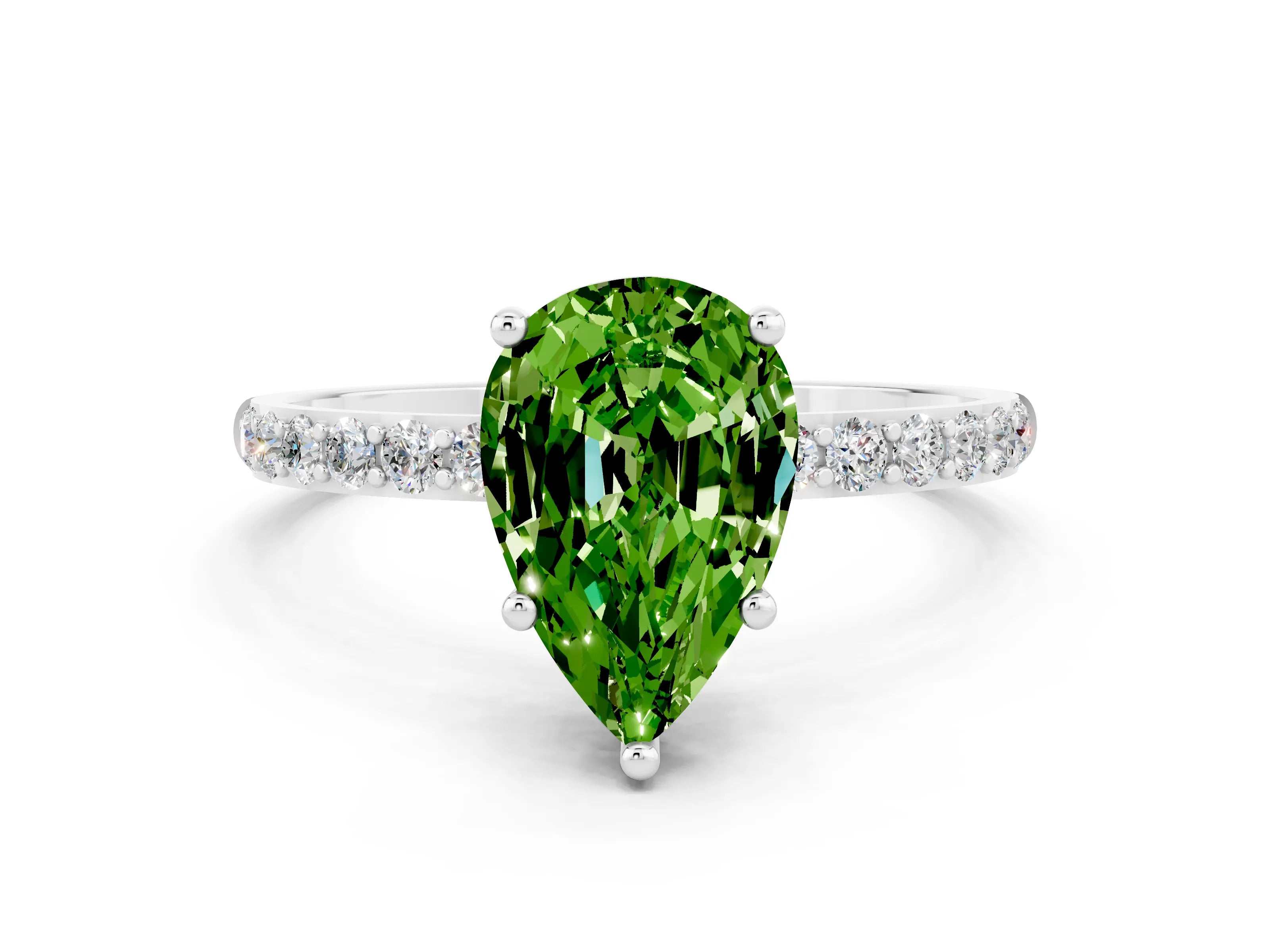 White gold Pear Cut Peridot Solitaire Ring with Pave Band and Four Prong Setting_12