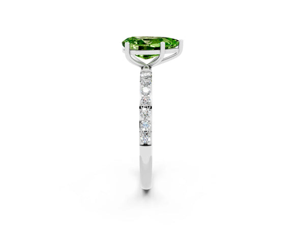Platinum Pear Cut Peridot Solitaire Ring with Round  Pavé Band and Prong Setting
