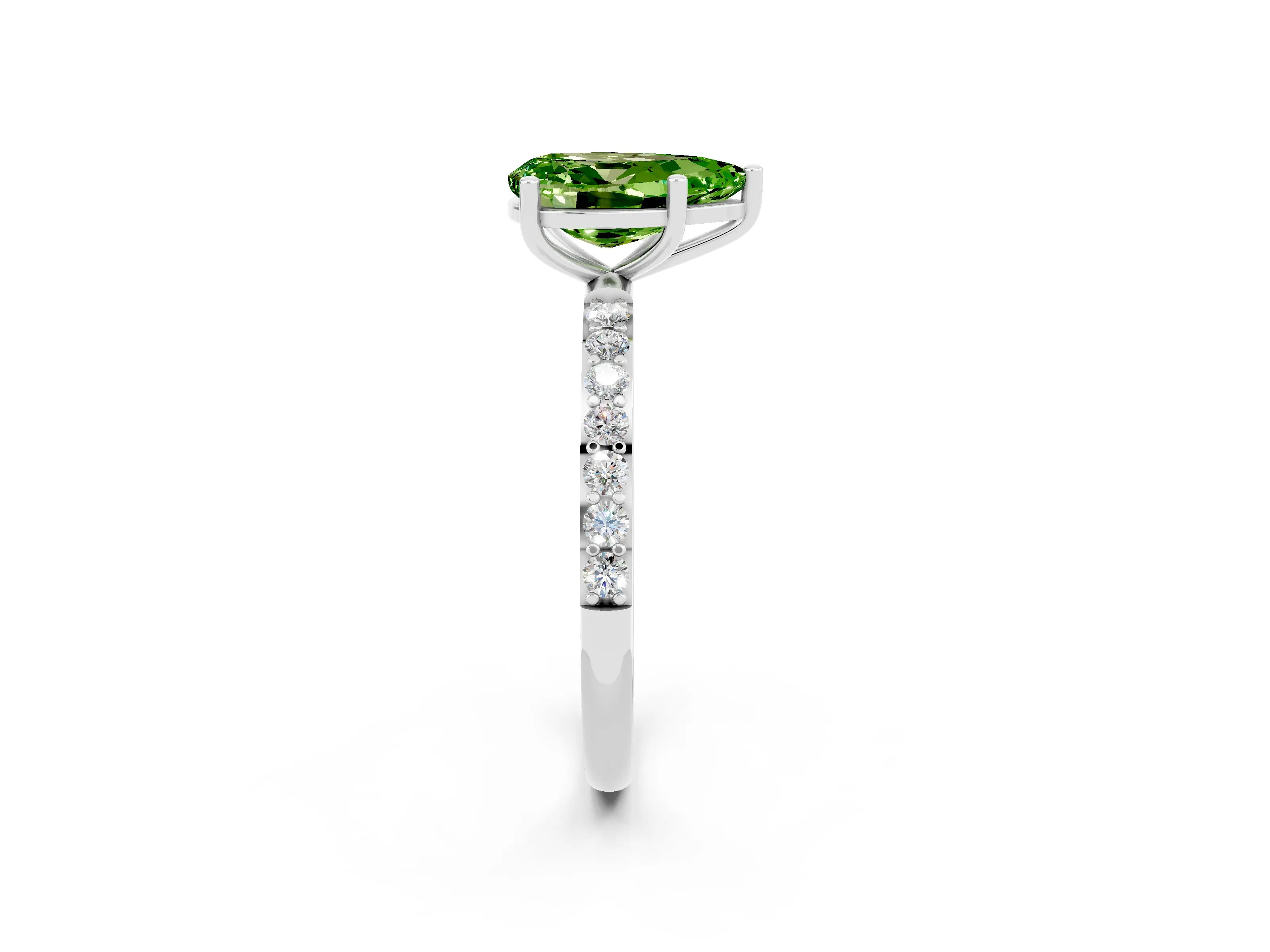 White gold Pear Cut Peridot Solitaire Ring with Pave Band and Four Prong Setting_26