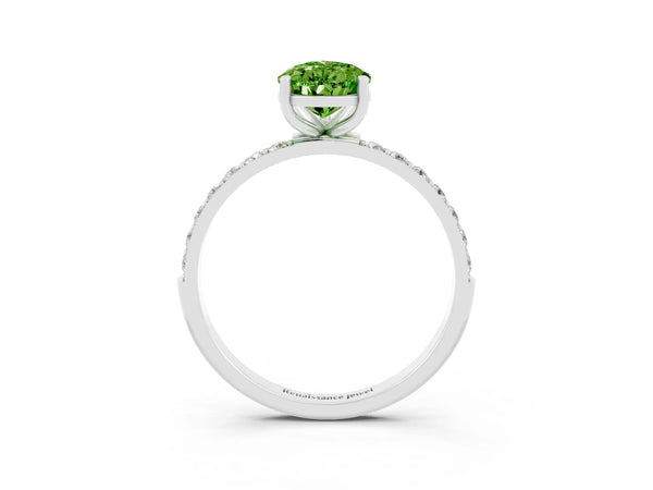 Silver Pear Cut Peridot Solitaire Ring with Round  Pavé Band and Prong Setting