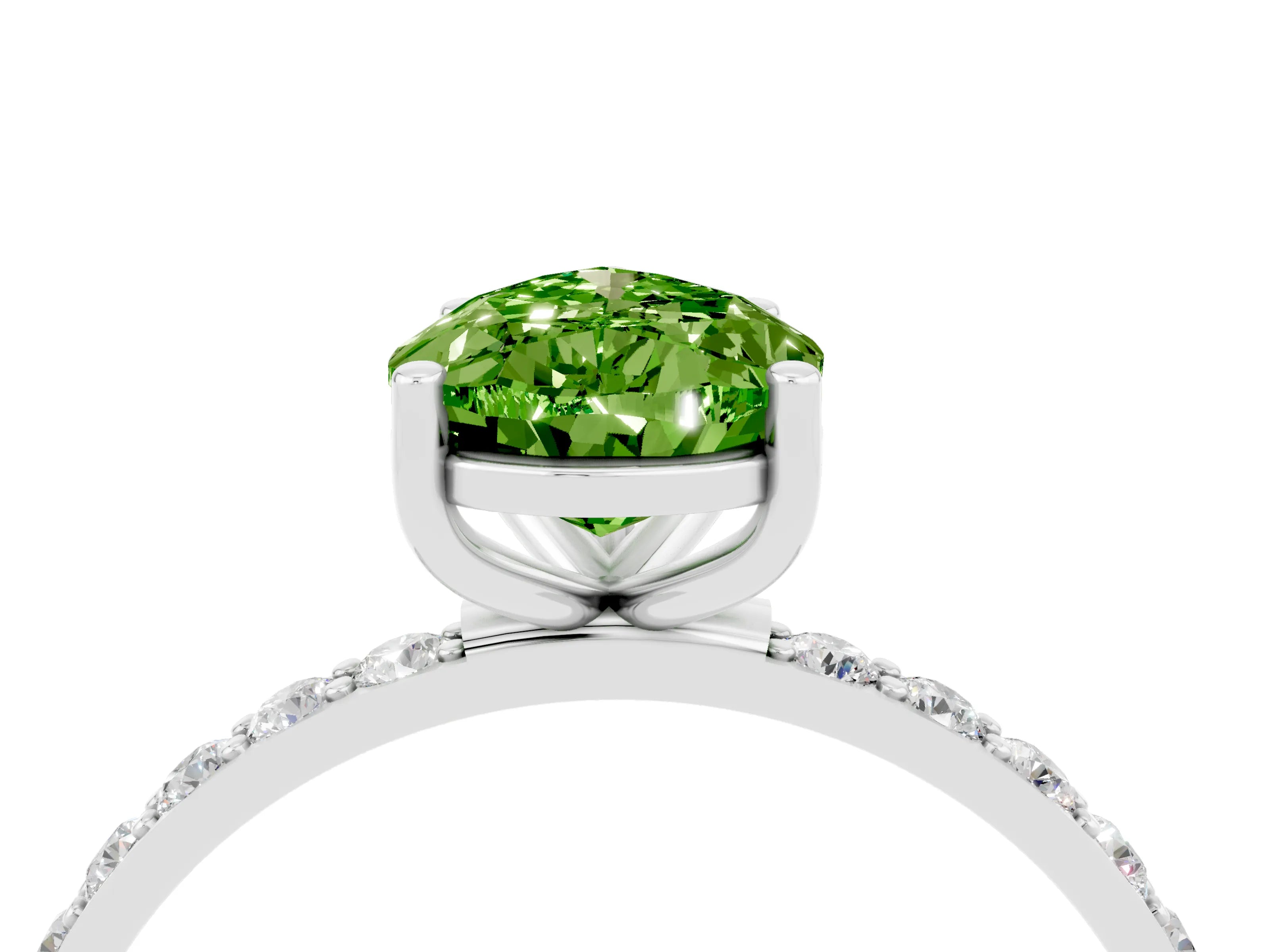 White gold Pear Cut Peridot Solitaire Ring with Pave Band and Four Prong Setting_28