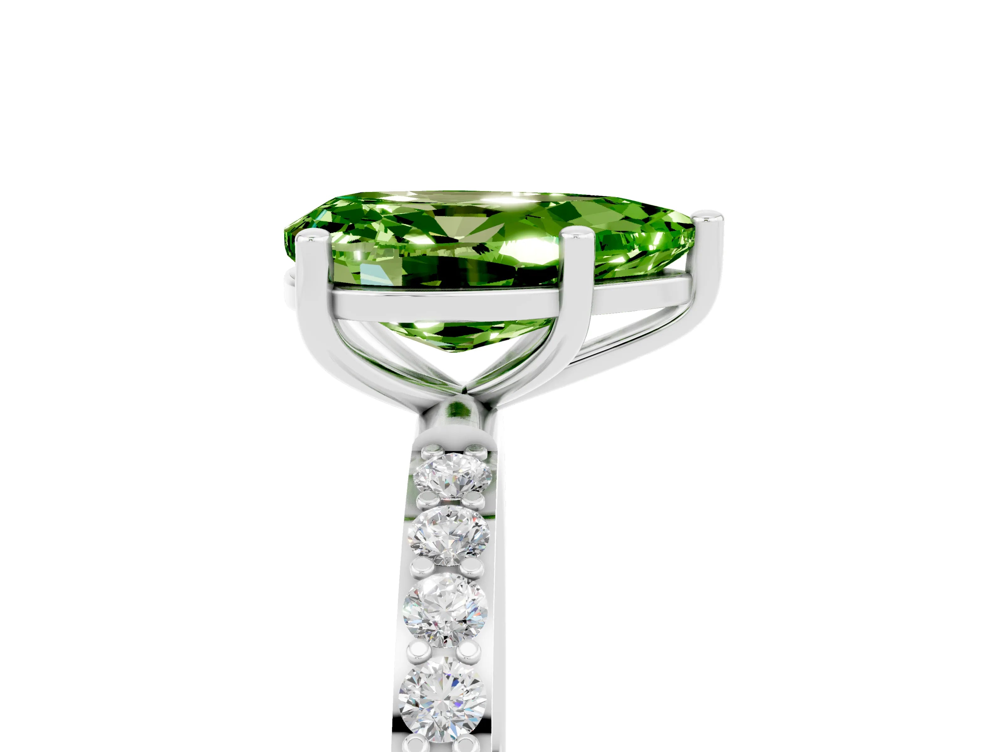 White gold Pear Cut Peridot Solitaire Ring with Pave Band and Four Prong Setting_29