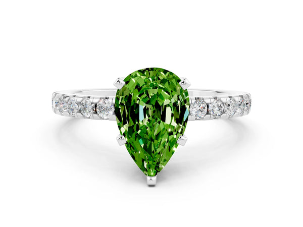 White gold Pear Cut Peridot Solitaire Ring with Round  Pavé Band and Four-Prong Setting