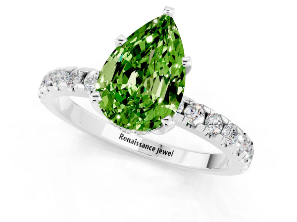 White gold Pear Cut Peridot Solitaire Ring with Round  Pavé Band and Four-Prong Setting
