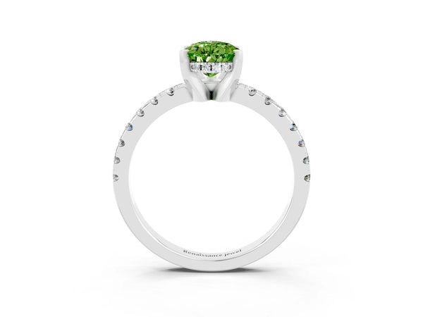 White gold Pear Cut Peridot Solitaire Ring with Round  Pavé Band and Four-Prong Setting