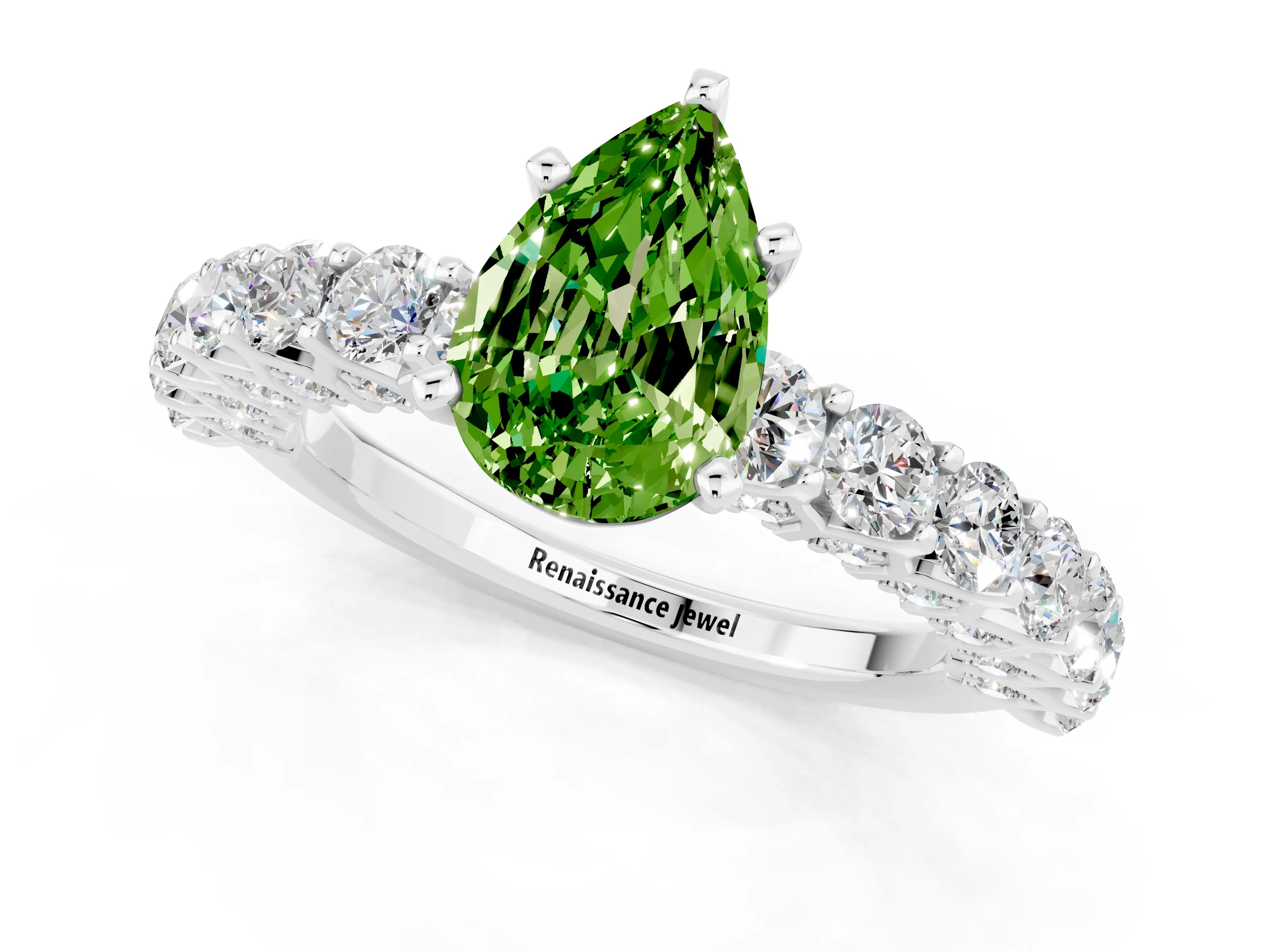 White gold Pear Cut Peridot Solitaire Ring with Shared Prong Pavé Band and Four-Prong Setting_1