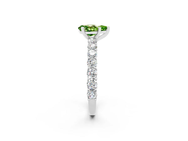 Silver Pear Cut Peridot Solitaire Ring with Shared Prong Pavé Band and Four-Prong Setting