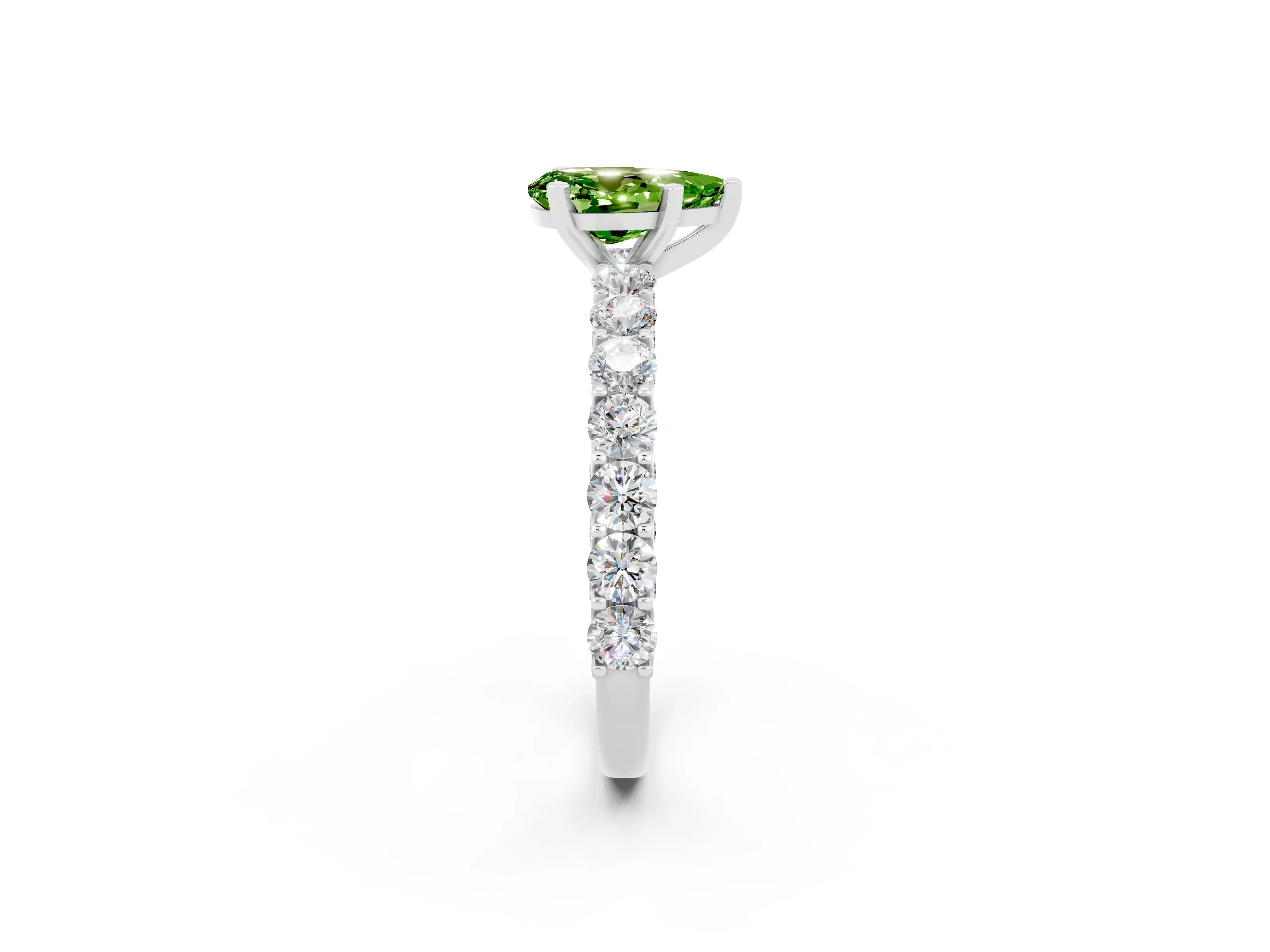 White gold Pear Cut Peridot Solitaire Ring with Shared Prong Pavé Band and Four-Prong Setting_2