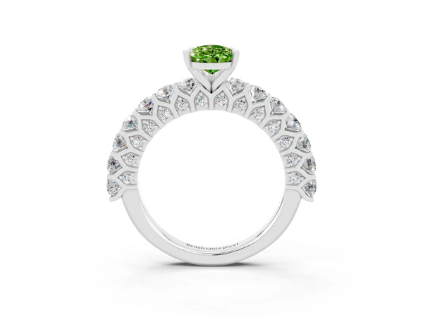 Silver Pear Cut Peridot Solitaire Ring with Shared Prong Pavé Band and Four-Prong Setting