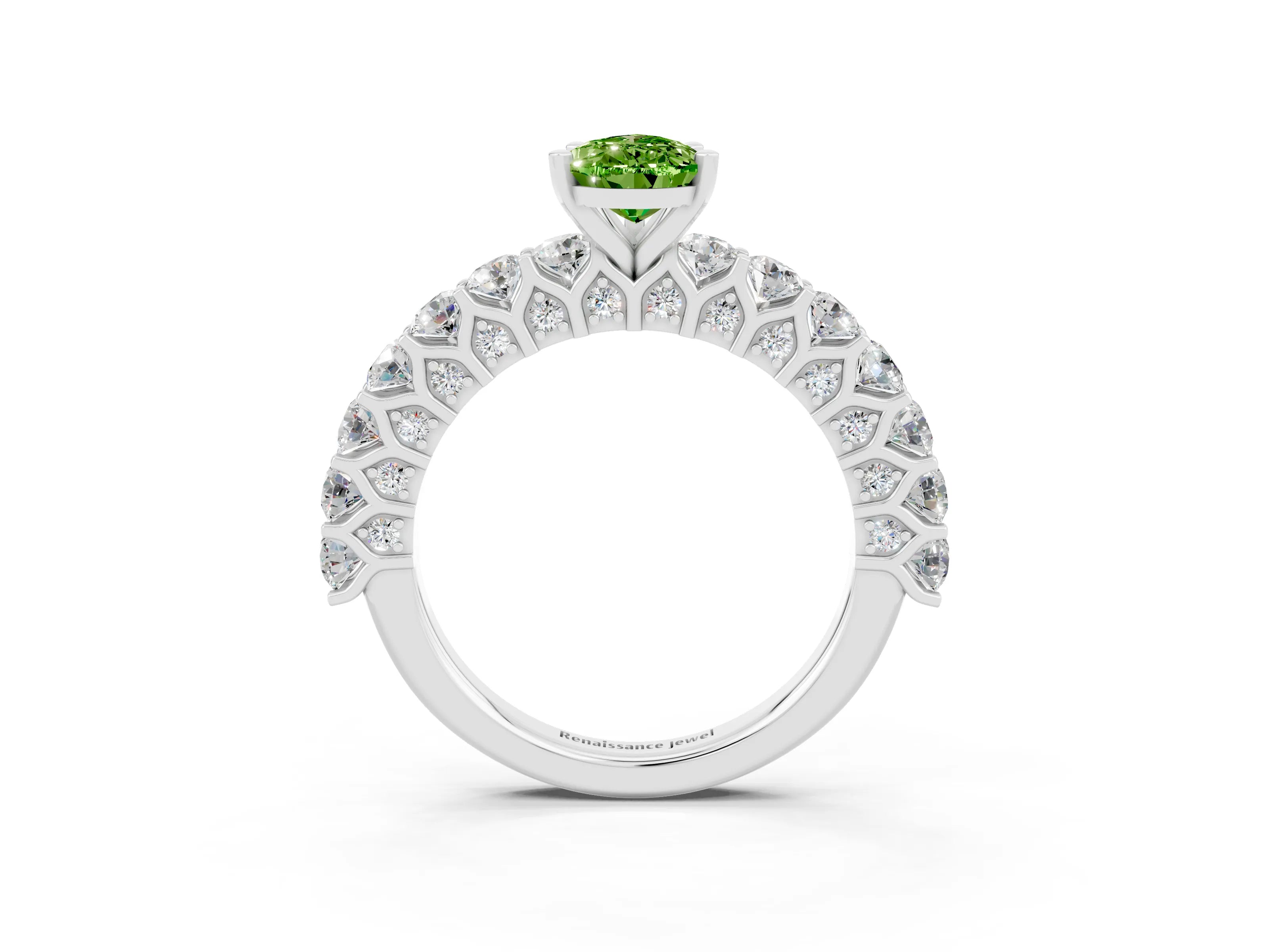 White gold Pear Cut Peridot Solitaire Ring with Shared Prong Pavé Band and Four-Prong Setting_3