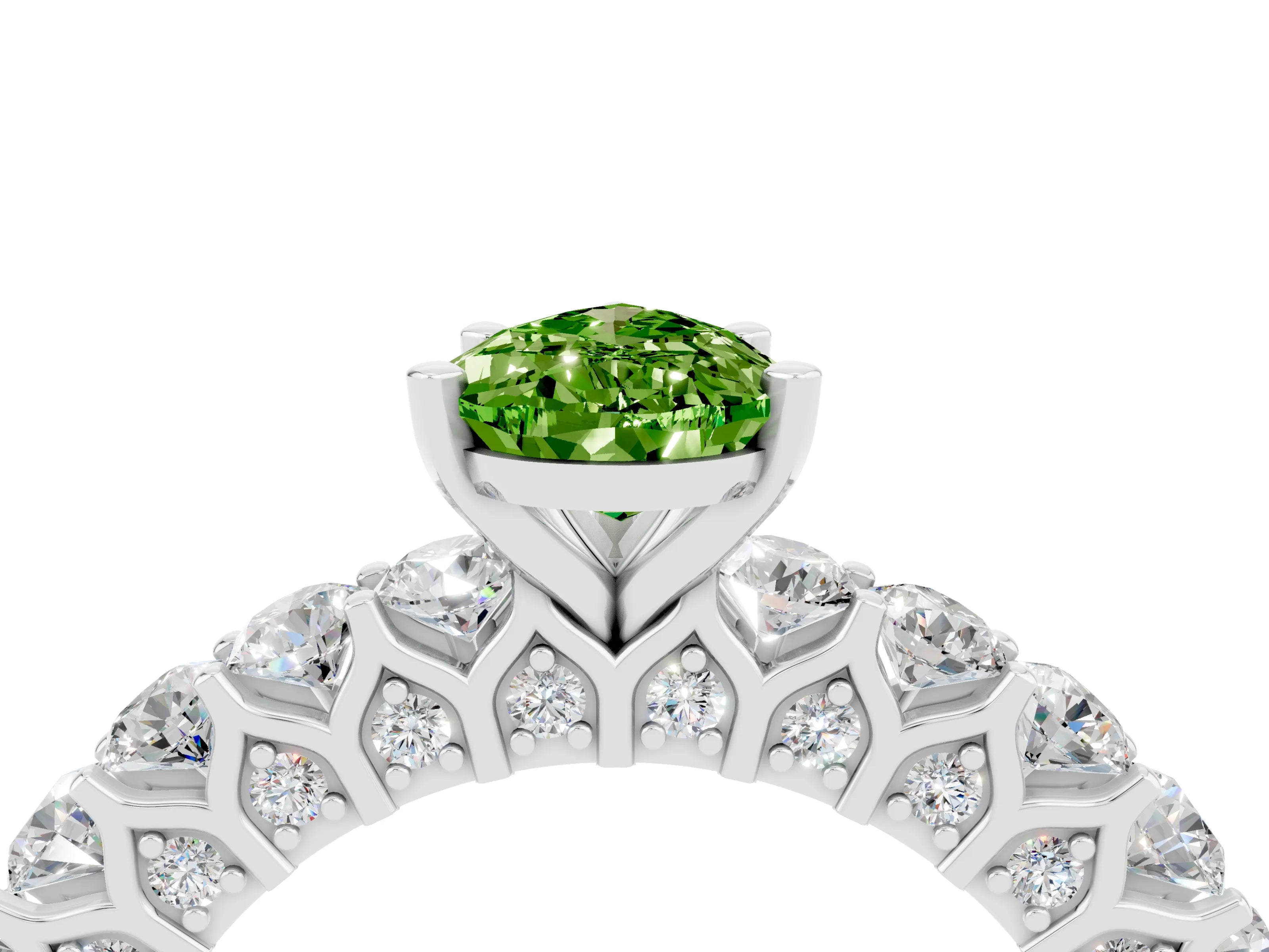 White gold Pear Cut Peridot Solitaire Ring with Shared Prong Pavé Band and Four-Prong Setting_4
