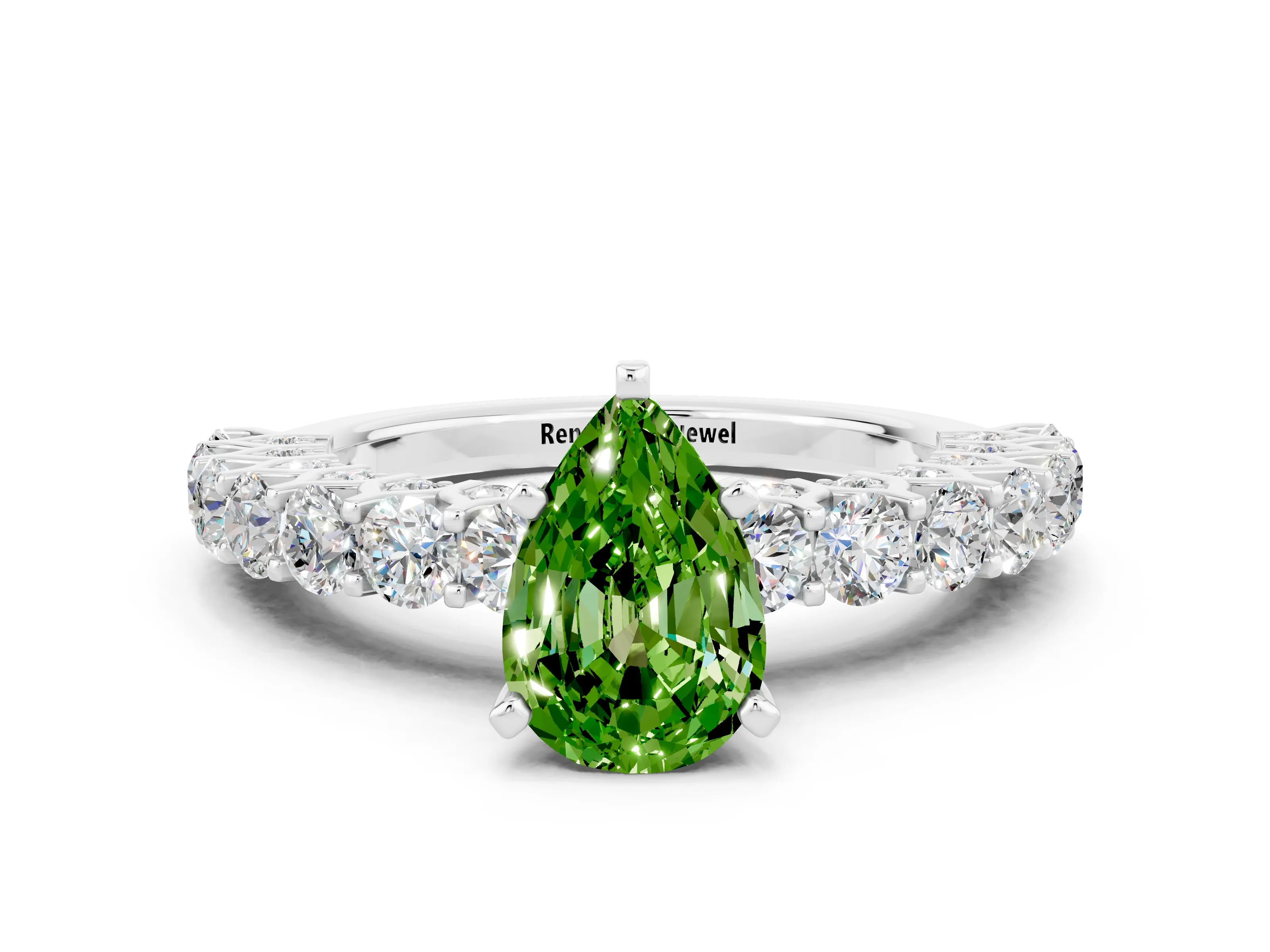 White gold Pear Cut Peridot Solitaire Ring with Shared Prong Pavé Band and Four-Prong Setting