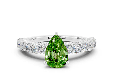 White gold Pear Cut Peridot Solitaire Ring with Shared Prong Pavé Band and Four-Prong Setting