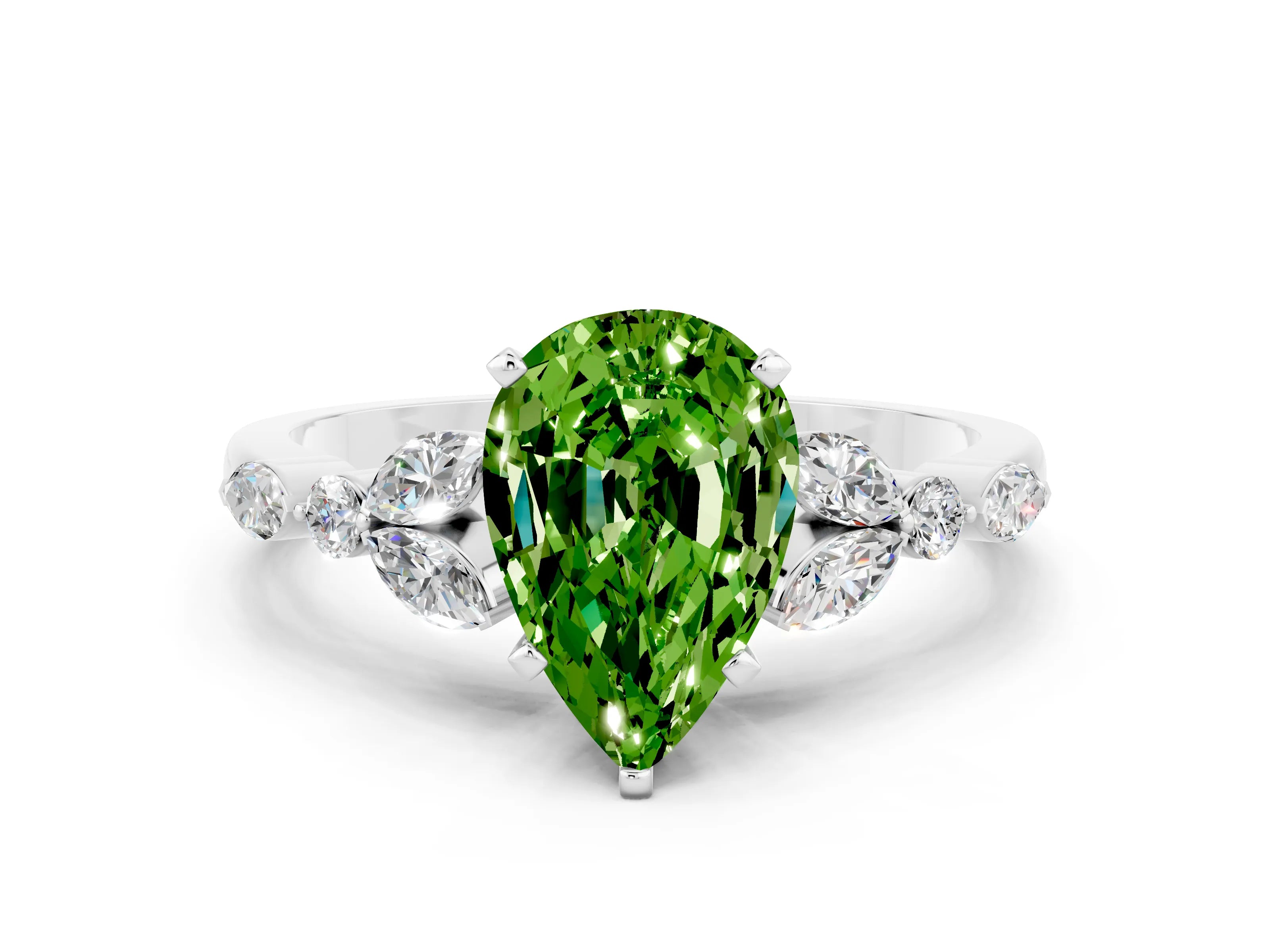 White gold Pear Cut Peridot Solitaire Ring with Side Stones and Four-Prong Setting_36
